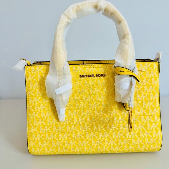 MICHAEL KORS CHARLOTTE SM SIG LOGO CANVAS LEATHER 3-IN-1 SATCHEL YELLOW - Picture 2 of 11